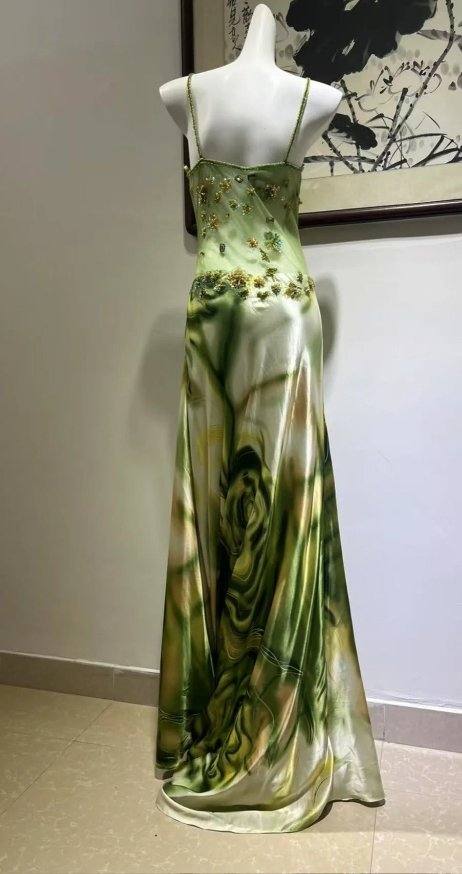 Exquisite Turquoise Gradient Square Neck Beaded Satin Long Prom Dress Evening Dress