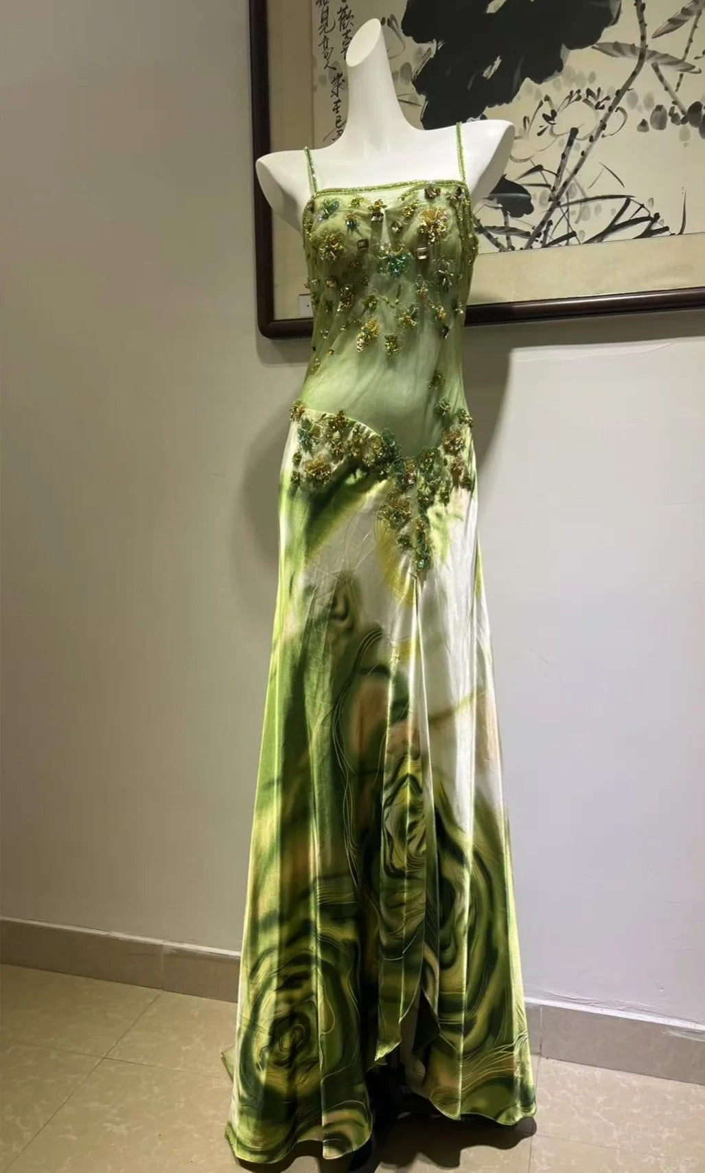 Exquisite Turquoise Gradient Square Neck Beaded Satin Long Prom Dress Evening Dress Main image