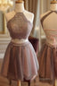 Exquisite Two Pieces Open Back Halter Blush Lace Homecoming Dress