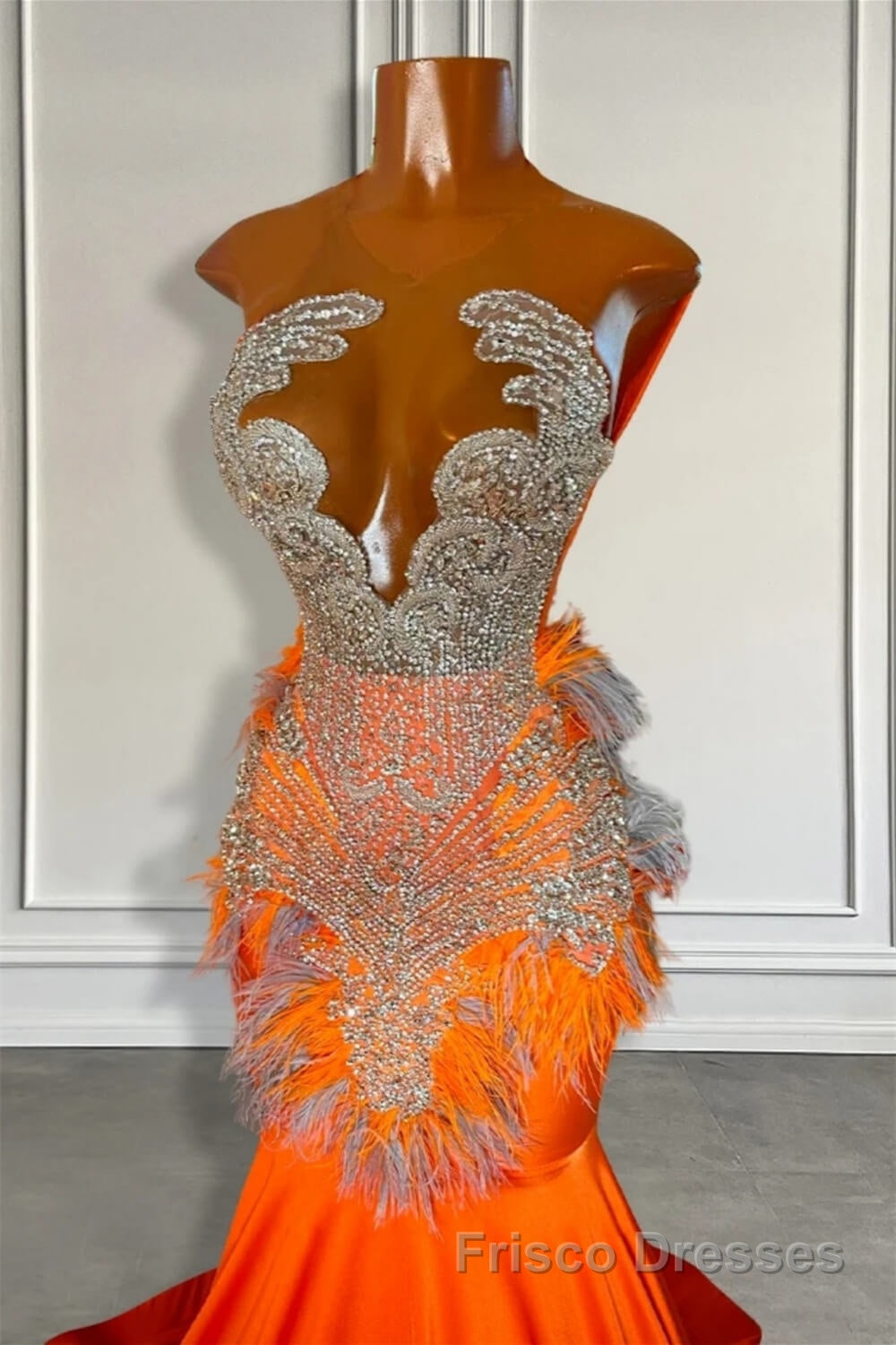 Orange Sleeveless Illusion Mermaid Formal Prom Dresses With Beadings and Feather Secondary image
