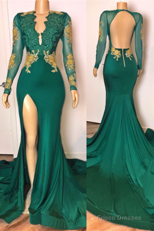 open back sexy side slit green prom dresses long sleeves Main image