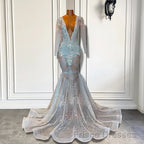 Mermaid Formal Prom Dresses with Deep V-Neck Long Sleeves Beadings