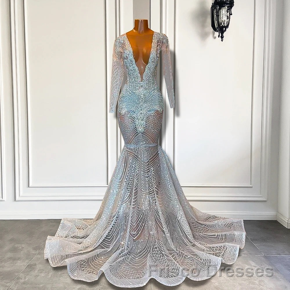 Mermaid Formal Prom Dresses with Deep V-Neck Long Sleeves Beadings