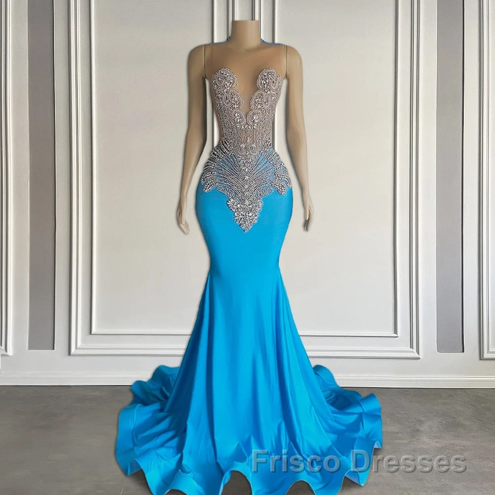Ocean blue sleeveless mermaid Formal Prom Dresses with long beadings Secondary image