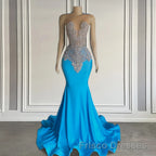 Ocean blue sleeveless mermaid Formal Prom Dresses with long beadings