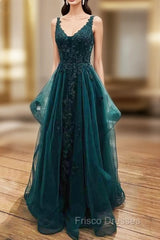 Fabulous A-line Lace With Beading Tulle Long V Neck Formal Prom Dress