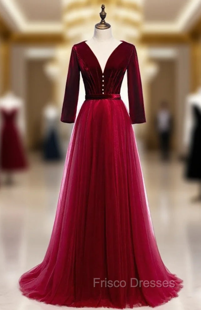 Fabulous Burgundy Tulle Velvet Long Sleeve V-neck Pleats Peom Dress Main image