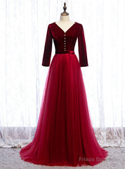 Fabulous Burgundy Tulle Velvet Long Sleeve V-neck Pleats Peom Dress