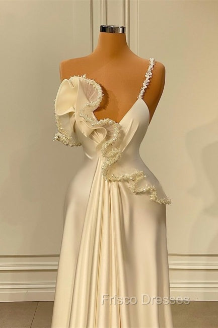 Fabulous White Satin Evening Formal Prom Dress with Ruffles