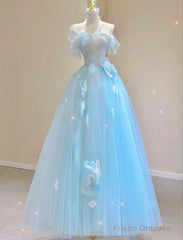 Fairy A Line Blue Floral Prom Dresses Evening Dress