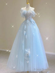 Fairy A Line Blue Floral Prom Dresses Evening Dress