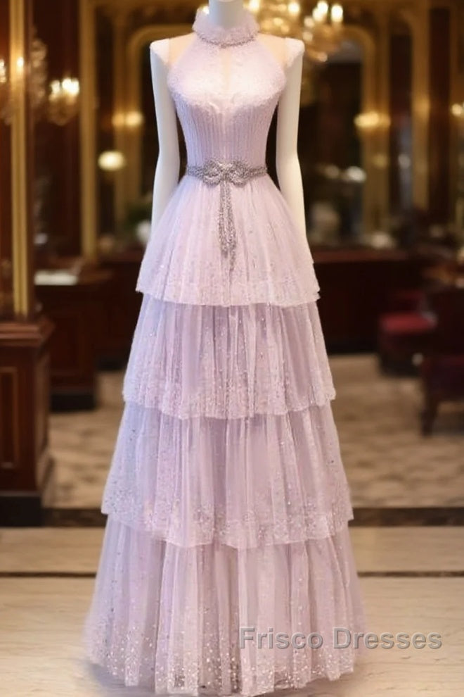 Fairy A Line High Neckline Pink Long Tulle Formal Prom Dress 22Th Birthday Outfit