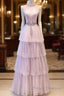 Fairy A Line High Neckline Pink Long Tulle Formal Prom Dress 22Th Birthday Outfit