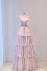 Fairy A Line High Neckline Pink Long Tulle Prom Dresses 22Th Birthday Outfit