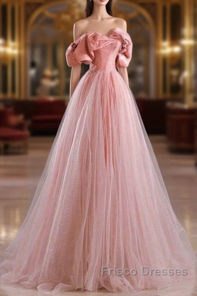 Fairy A Line Off The Shoulder Pink Tulle Formal Prom Dress For Teens Main image
