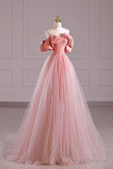 Fairy A Line Off The Shoulder Pink Tulle Prom Dresses For Teens