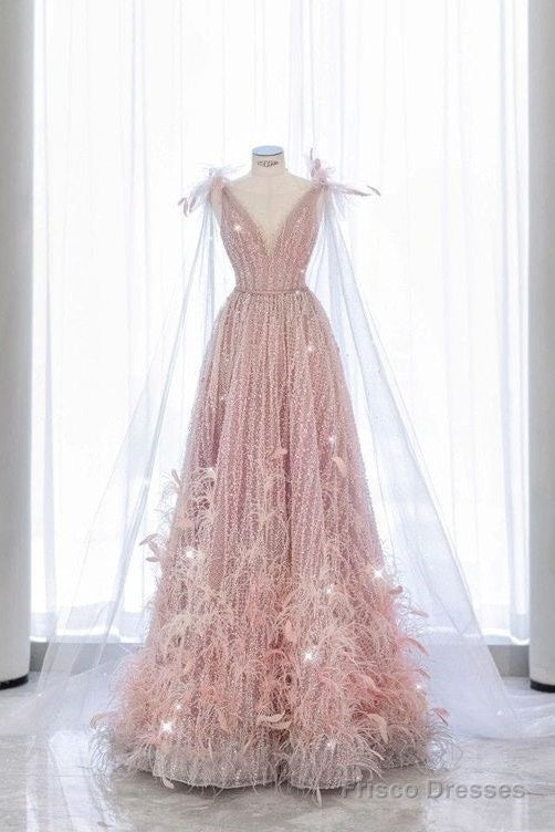 Fairy A Line Sequin Pink Prom Dresses Evening Dress