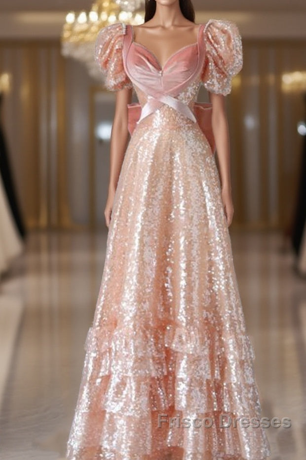 Fairy A Line Short Sleeves Sequin Long Formal Prom Dress Main image