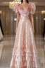 Fairy A Line Short Sleeves Sequin Long Formal Prom Dress