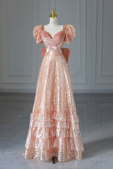 Fairy A Line Short Sleeves Sequin Long Prom Dress