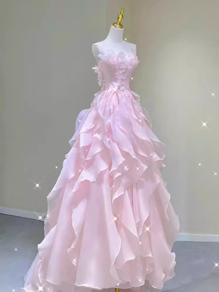 Fairy A Line Sleeveless Pink Long Floral Prom Dress Main image