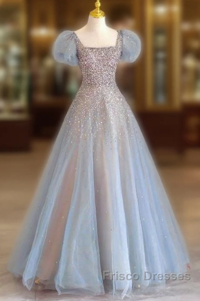 Fairy A Line Square Neckline Tulle Long Blue Formal Prom Dress Main image
