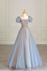 Fairy A Line Square Neckline Tulle Long Blue Prom Dress