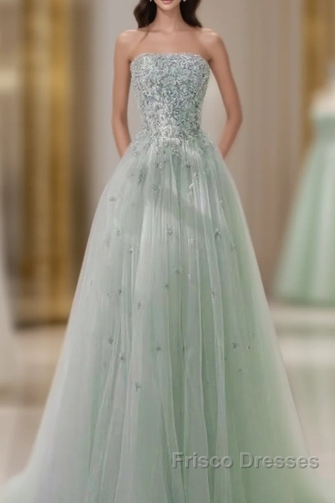 Fairy A Line Strapless Mint Green Long Tulle Formal Prom Dress 22Th Birthday Outfit Main image
