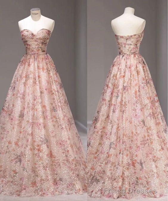 Fairy A Line Strapless Pink Sequin Long Prom Dresses Evening Dress Secondary image