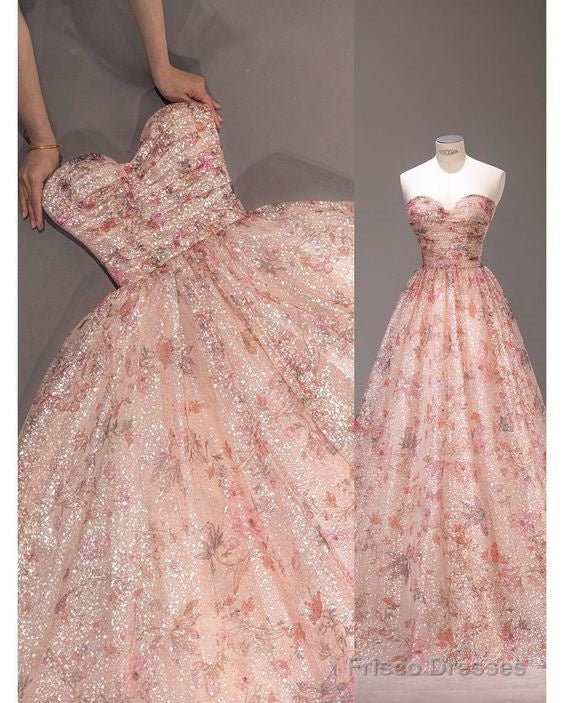 Fairy A Line Strapless Pink Sequin Long Prom Dresses Evening Dress Main image