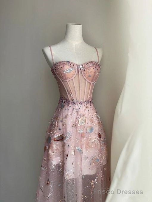 Fairy A Line Straps Long Pink Lace Prom Dresses Secondary image