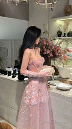 Fairy A Line Straps Long Pink Lace Prom Dresses