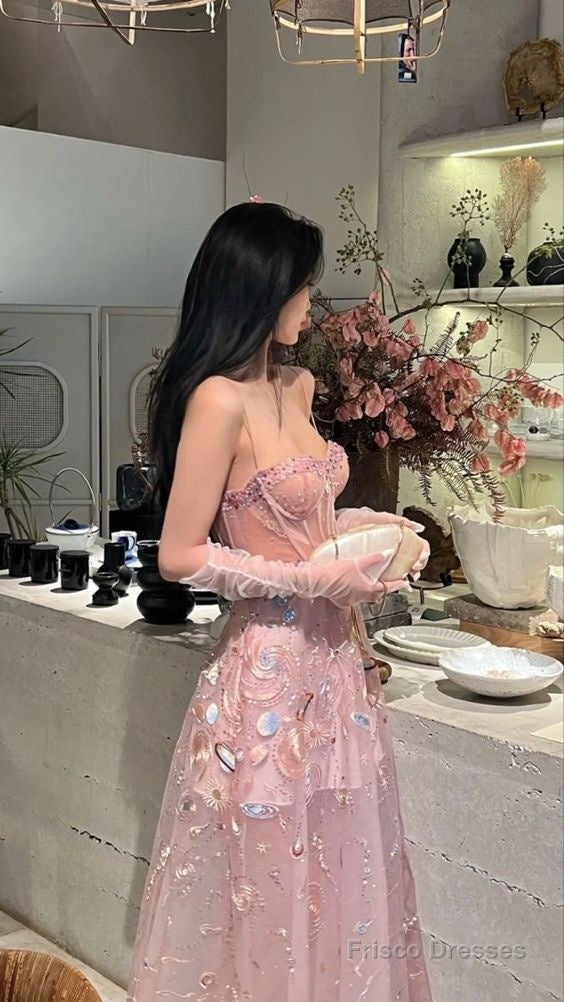 Fairy A Line Straps Long Pink Lace Prom Dresses