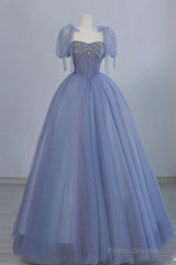 Fairy A Line Straps Tulle Long Blue Prom Dress