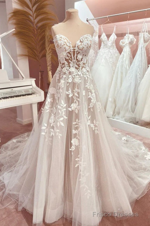 Fairy A Line Sweetheart Tulle Long Wedding Dresses With Appliques Off Shoulder Beautiful Main image