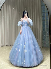 Fairy Ball Gown Blue Floral Tulle Prom Dresses Evening Dress