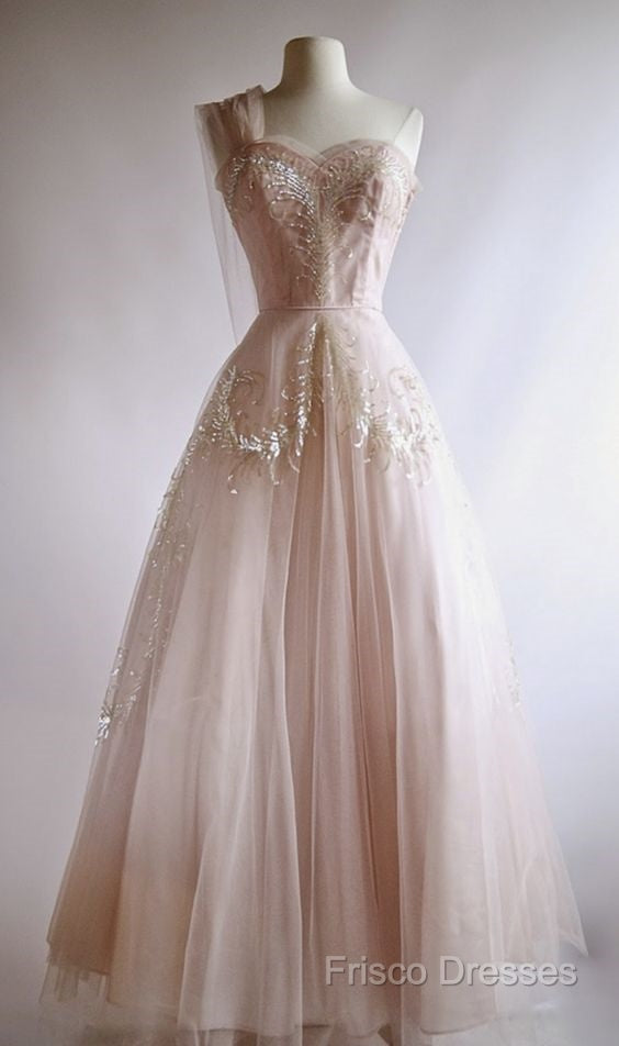 Fairy Ball Gown One Shoulder Pink Lace Formal Prom Dress Ankel Length Formal Dress