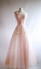 Fairy Ball Gown One Shoulder Pink Lace Prom Dresses Ankel Length Evening Dress