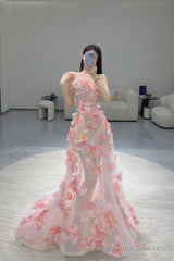 Fairy Ball Gown Strapless Pink Floral Prom Dresses Long Evening Dress