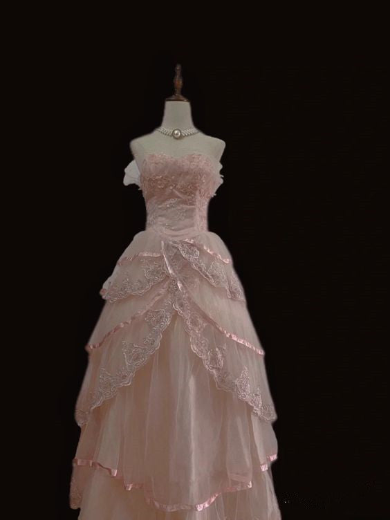 Fairy Ball Gown Strapless Pink Lace Prom Dresses Long Evening Dress Main image
