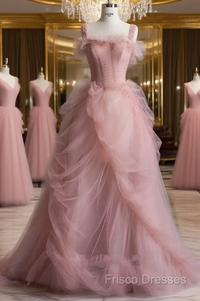 Fairy Ball Gown Straps Pink Tulle Formal Prom Dress For Teens Main image