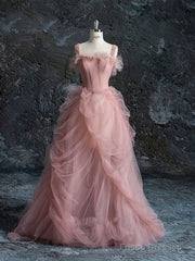 Fairy Ball Gown Straps Pink Tulle Prom Dresses For Teens