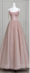 Fairy Ball Gown Straps Pink Tulle Prom Dresses Long Evening Dress