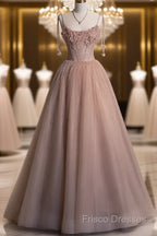Fairy Ball Gown Straps Pink Tulle Formal Prom Dress Long Formal Dress