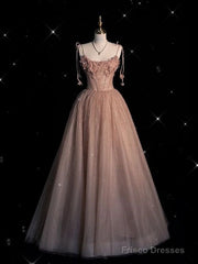 Fairy Ball Gown Straps Pink Tulle Prom Dresses Long Evening Dress