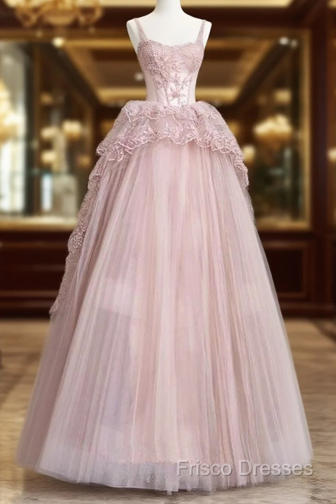 Fairy Ball Gown Straps Pink Tulle Formal Prom Dress Long Party Dress