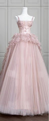 Fairy Ball Gown Straps Pink Tulle Prom Dresses Long Party Dress
