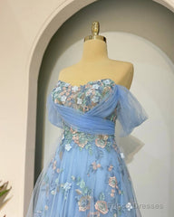 Fairy Blue Tulle Off Shoulder Lace Embroidery Dress