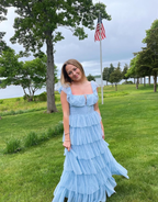 Fairy Sky Blue Sequare Neck Tiered Tulle Evening Dress Long Prom Dress