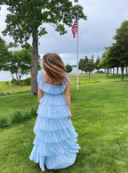 Fairy Sky Blue Sequare Neck Tiered Tulle Evening Dress Long Prom Dress